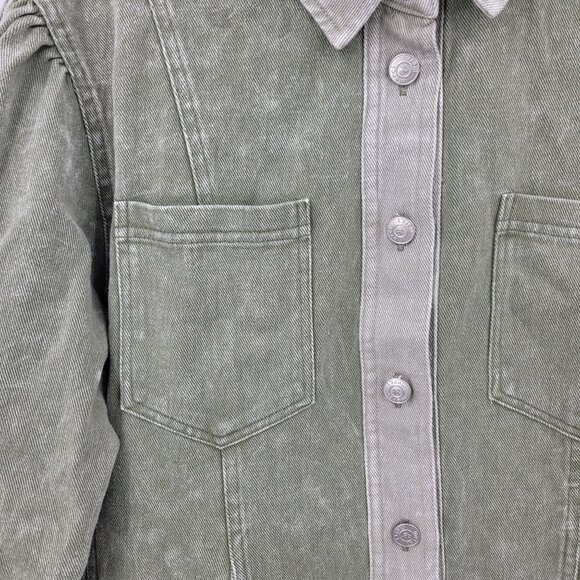 Army Green Washed Denim Button Front Mini Dress Sz S Puff Military Gorpcore - Picture 8 of 15